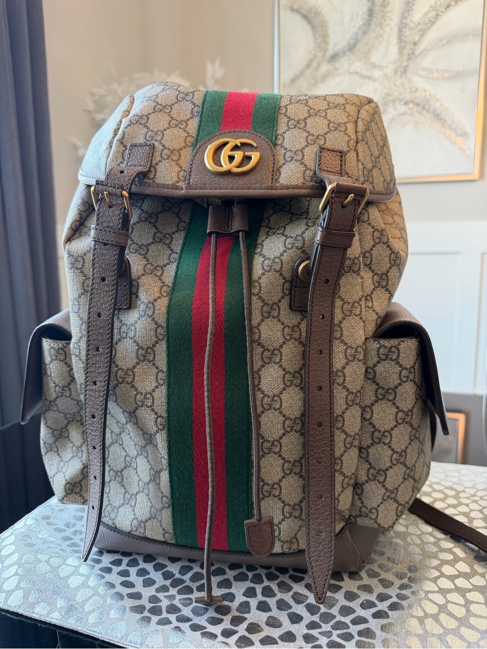 Gucci GG Supreme Coated Canvas Backpack with Red & Green Stripe and Brown Trim - Picture 3 of 16